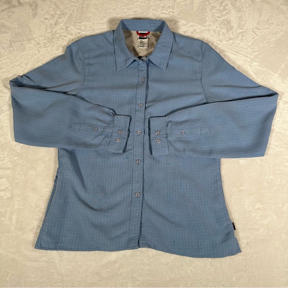 The North Face Tops - The North Face Shirt Women Size L Blue Long Sleeve Zipped Pockets Button Up EUC